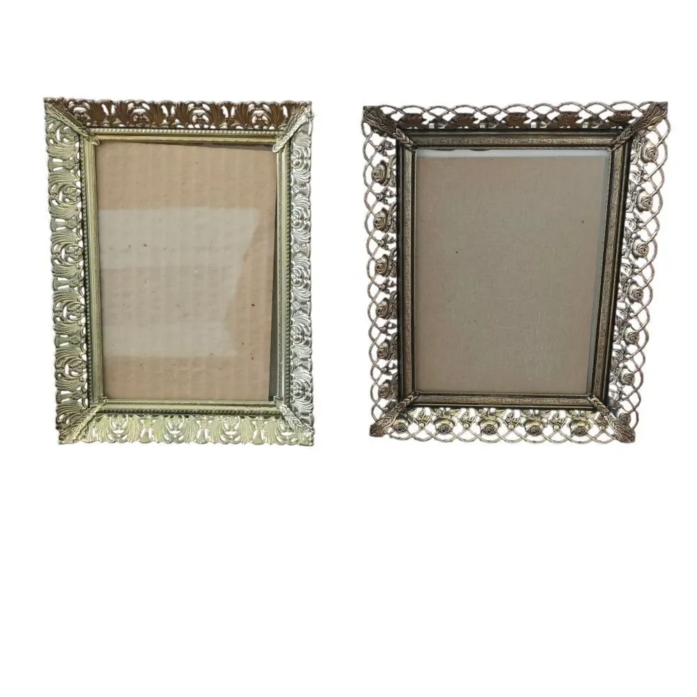 Vintage Ornate‎ Brass Photo Frame Set Gold Tone MCM Filigree Flowers Easel